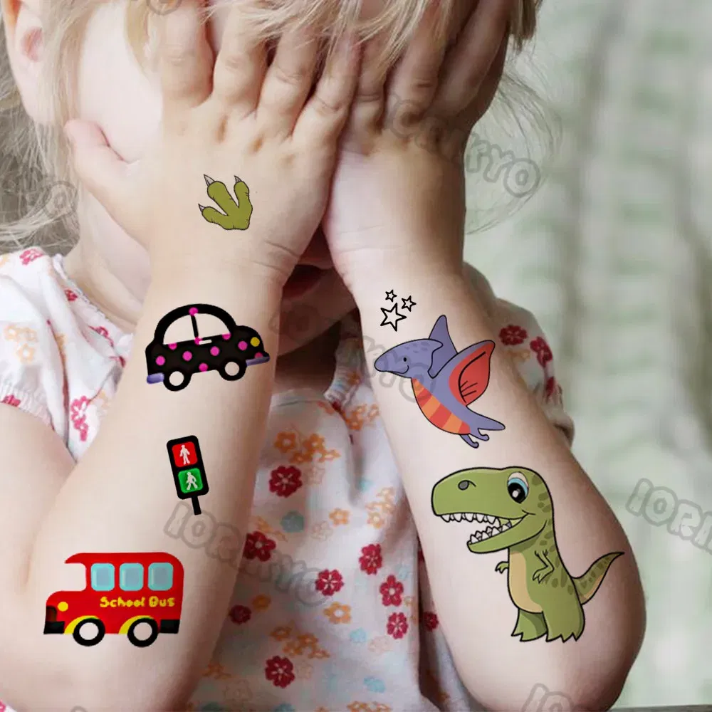 Color: WHITE - Cute Small Bus Car Temporary Tattoos For Kids Boys Girls Baby Child Cute Dinosaur Tattoo Sticker Funny Fake Star Tatoo Face Hand