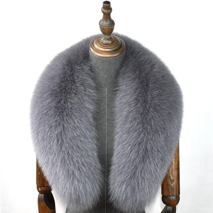 Color: GRAY, Size: L - 100% Natural Real Fox Fur Collar For Women Men Coat Jacket Fur Scarf Winter Extra Large Size Neck Warmer Fur Scarf Shawls Wraps