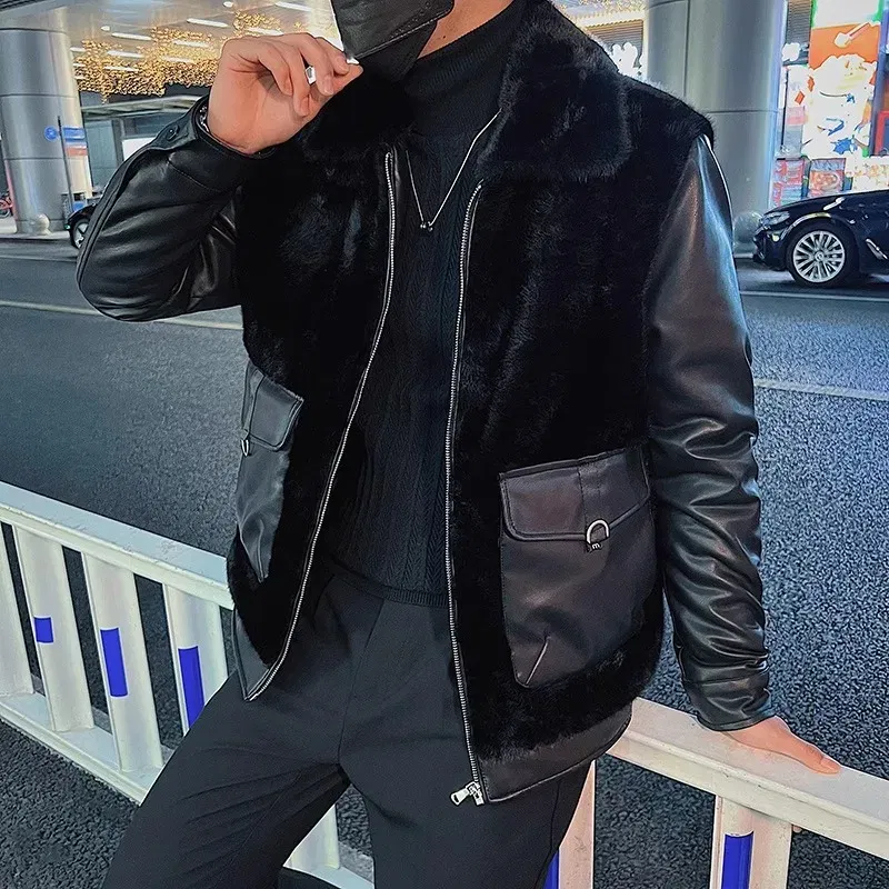2023 Winter Leather Fur Integrated Splices Jackets Men's Thicken Warm Casual Social Motorcycle Leather Jacket Fashion Streetwear
