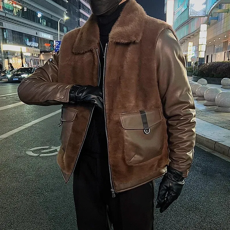 2023 Winter Leather Fur Integrated Splices Jackets Men's Thicken Warm Casual Social Motorcycle Leather Jacket Fashion Streetwear