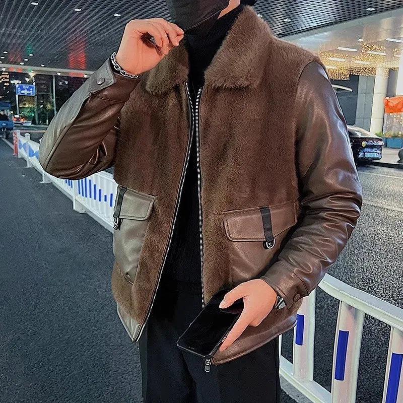 2023 Winter Leather Fur Integrated Splices Jackets Men's Thicken Warm Casual Social Motorcycle Leather Jacket Fashion Streetwear