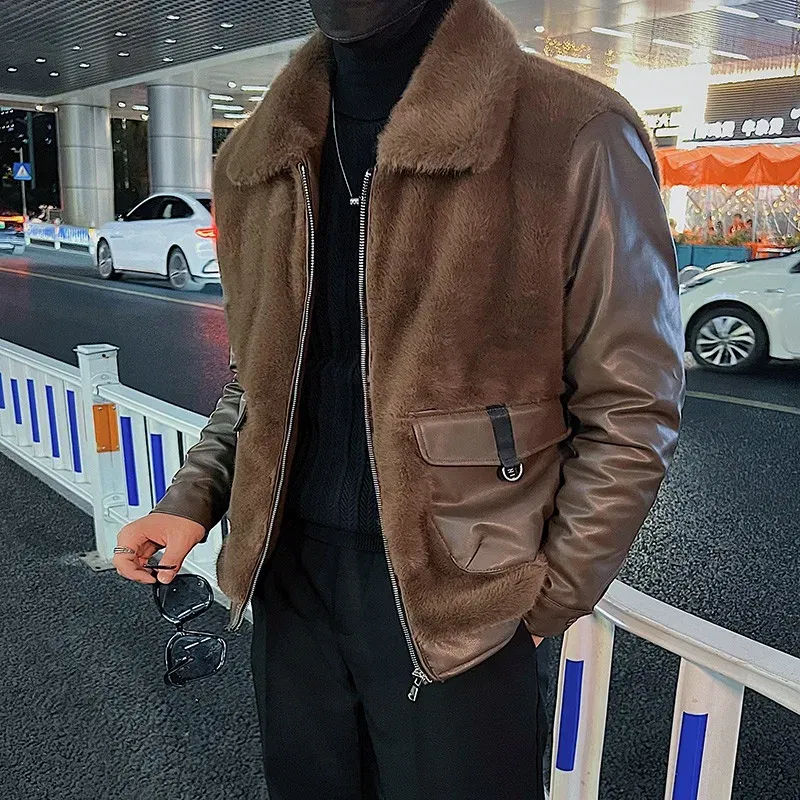 2023 Winter Leather Fur Integrated Splices Jackets Men's Thicken Warm Casual Social Motorcycle Leather Jacket Fashion Streetwear