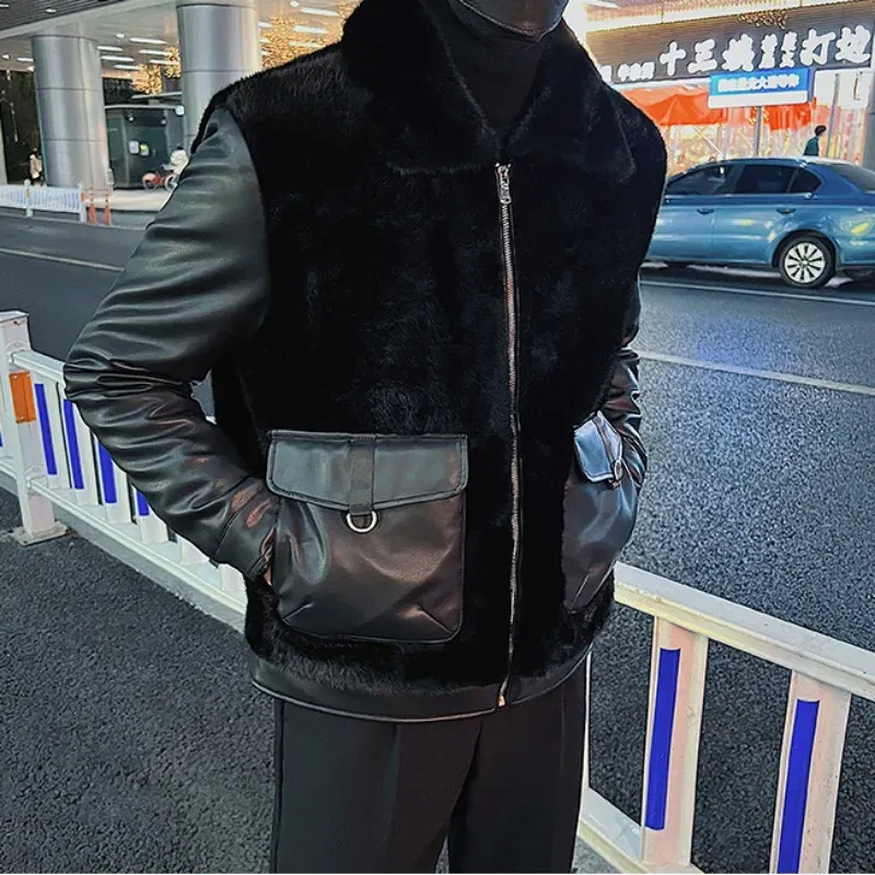 2023 Winter Leather Fur Integrated Splices Jackets Men's Thicken Warm Casual Social Motorcycle Leather Jacket Fashion Streetwear