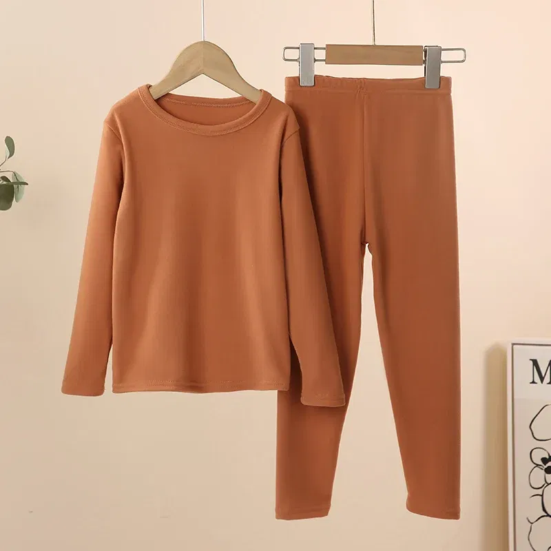Color: Brown, Kid Size: 11 - 2-Piece Children's Thermal Underwear Suit boys' Autumn Clothes And Trousers Padded Cotton Sweater Girls' Casual Joker Home Cloth