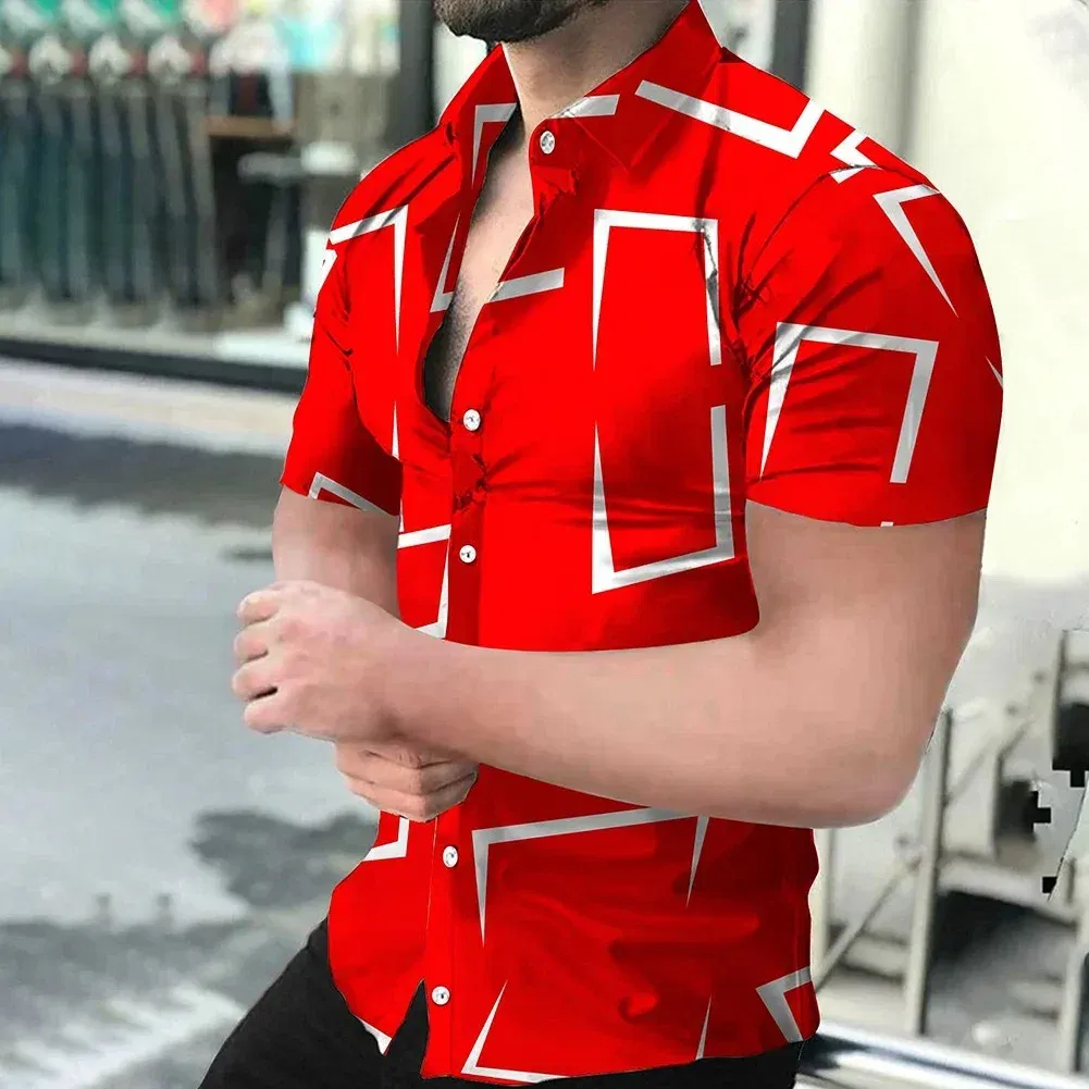 Color: Blue, Size: S - 3D Men's Striped Printed Short Sleeve Shirt, Fashionable And Casual Loose Shirt, 2023 New Style.
