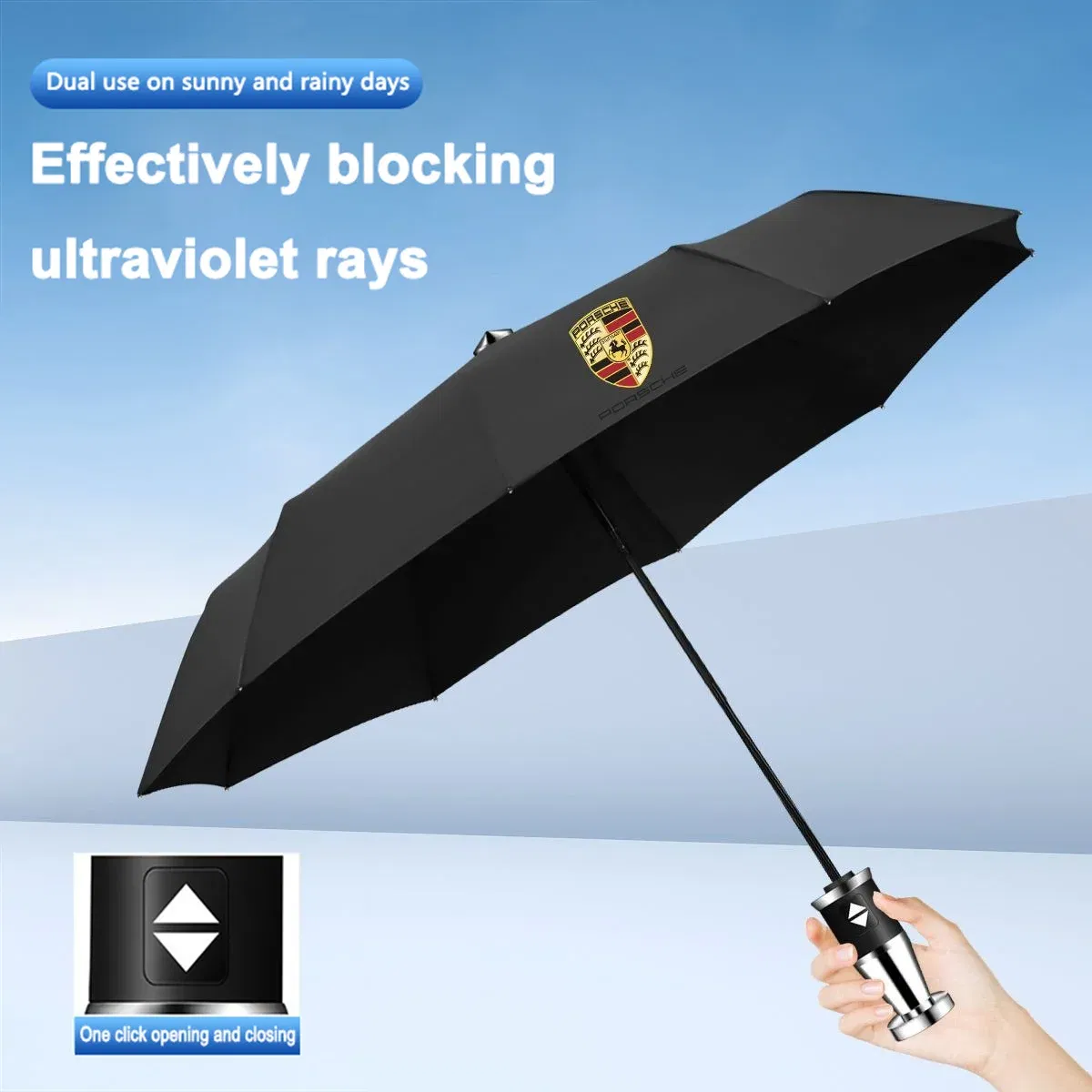 Color Name: black - High-end Car Emblems Folding Sunshade Windproof Umbrella For Porsche Boxster Cayman Cayenne 911 Macan Panamera Auto Accessories