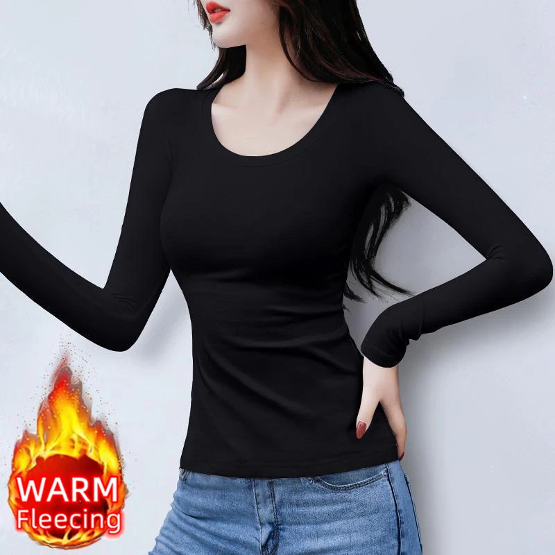 Color: Blue, Size: S - O Neck Long Sleeve Fleeceing Heating Fiber Thermal Basic T-Shirts Women Winter Bottoming Cropped Tops Casual Skinny All-match