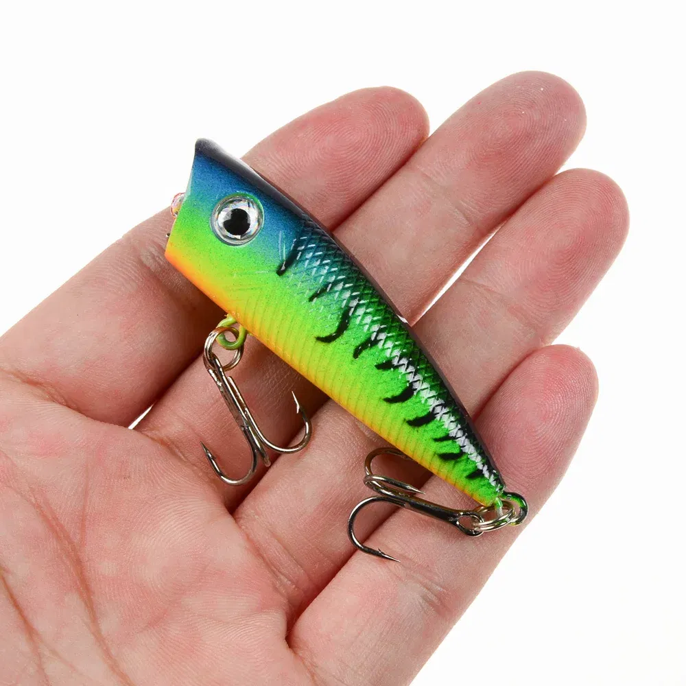 Color: Light green - 1pc Popper Fishing Lure 6cm/6.5g Hard Bait Artificial Topwater Bass Trout Pike Wobbler Fishing Tackle with 2 Treble Hooks