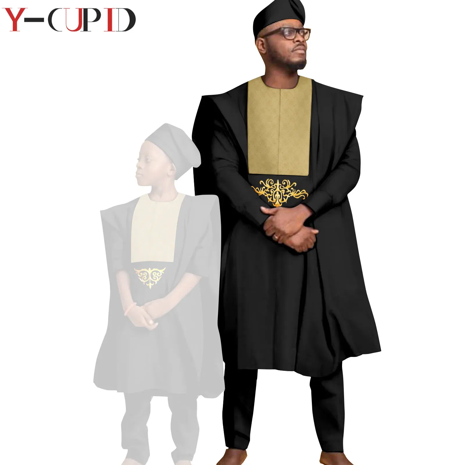 Color: WHITE, Size: S - African Clothes for Men Top Pants Robes Hat Sets Match Kid Boy Sets Dashiki Father and Son Bazin Riche Family Outfits Y20F001
