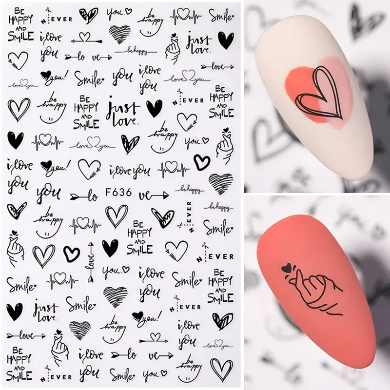 Color: Sky Blue - Heart Leaf Design 3D Nail Sticker Black White Transfer Stickers for Nails Sexy Girl Face Self-adhensive Slider Tip Abstract Wrap
