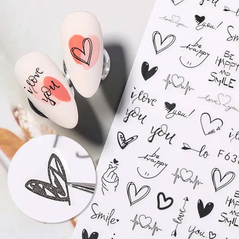 Color: Sky Blue - Heart Leaf Design 3D Nail Sticker Black White Transfer Stickers for Nails Sexy Girl Face Self-adhensive Slider Tip Abstract Wrap