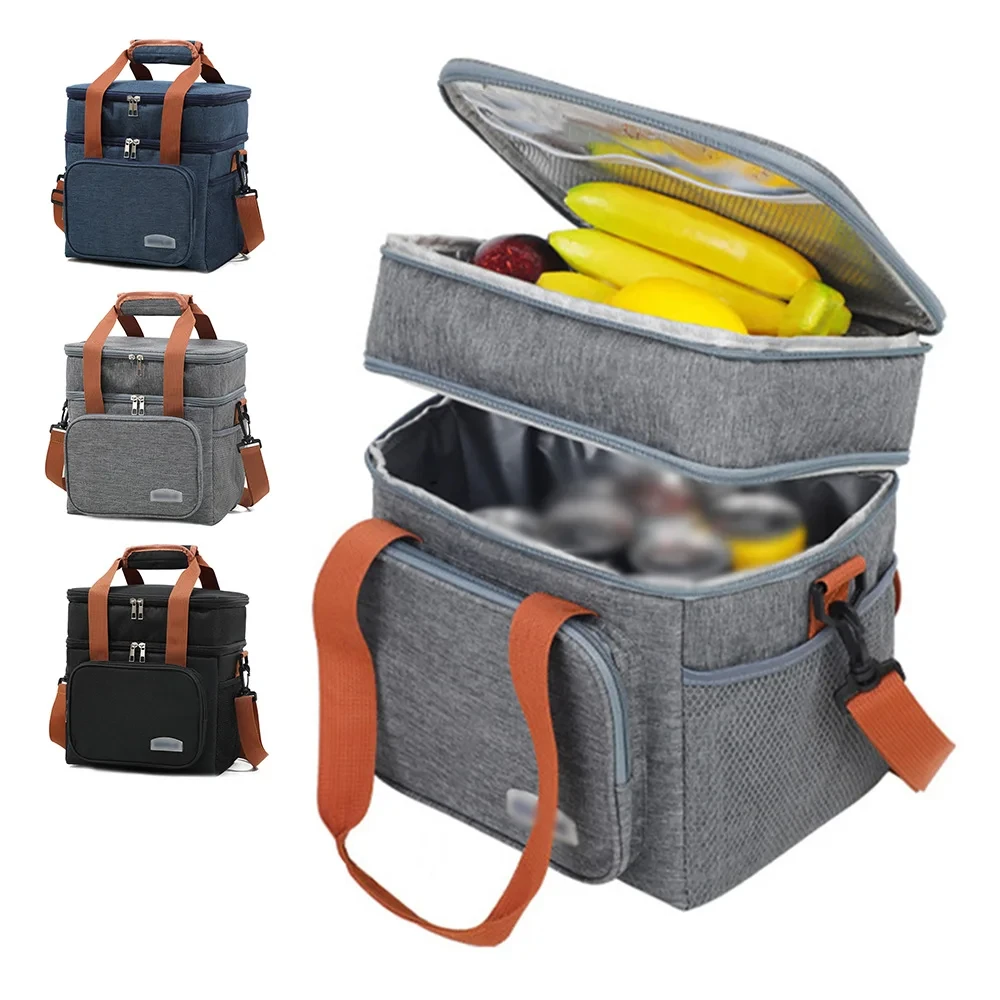Color: Blue - Portable Double Layer Lunch Bags Food Box Durable Camping Oxford Backpacks Icebox Large Capacity Picnic Durable BBQ Outdoor BBQ