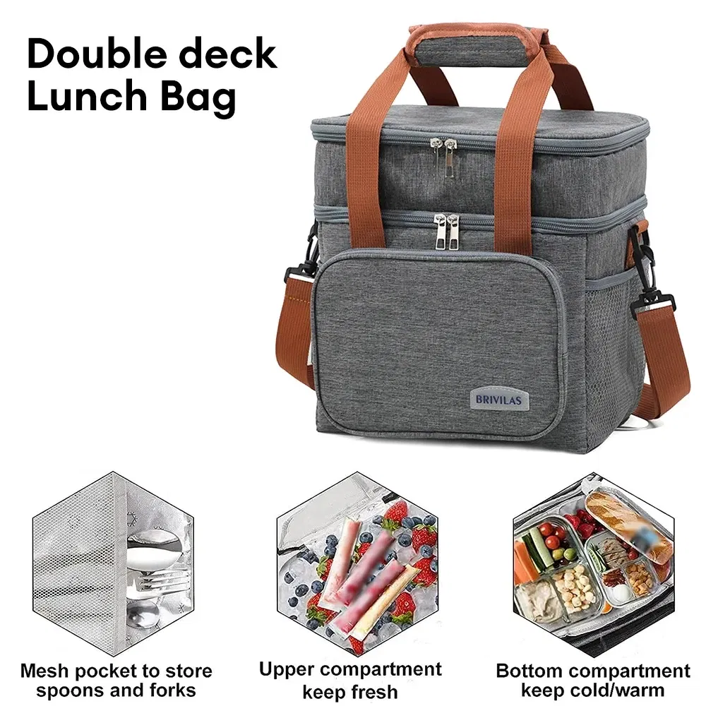 Color: Blue - Portable Double Layer Lunch Bags Food Box Durable Camping Oxford Backpacks Icebox Large Capacity Picnic Durable BBQ Outdoor BBQ