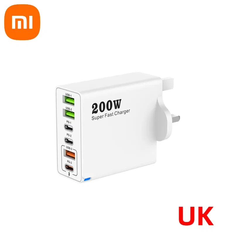 Plug Type: DE - Xiaomi 200W Super Fast Charging 6 Port USB C Charger PD3.0 USB C Type C Mobile Phone Charger For iPhone 16 Samsung Xiaomi ipad