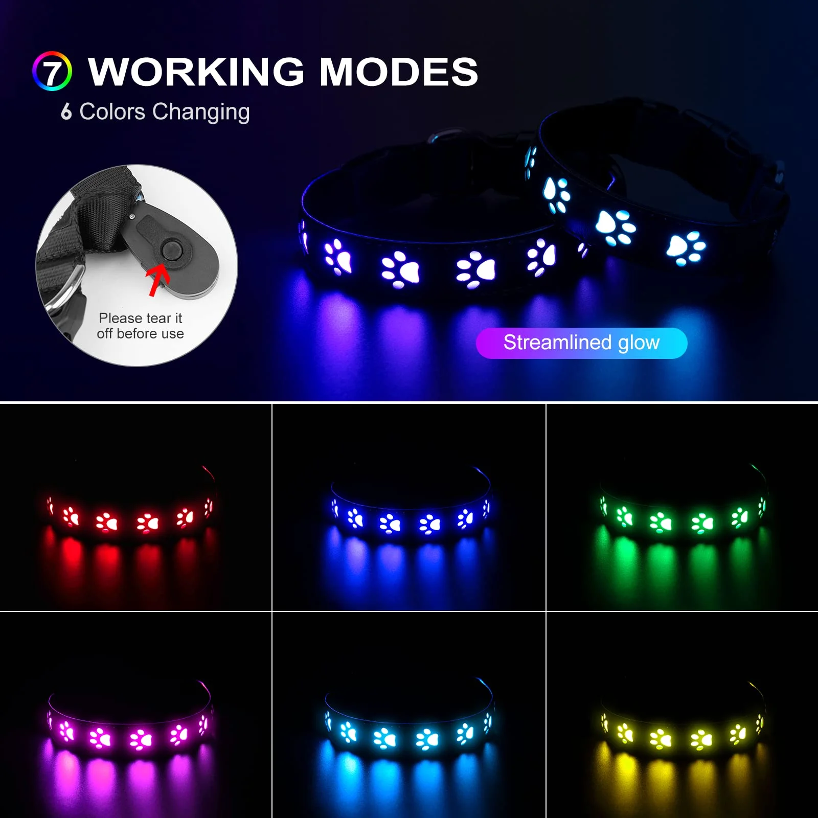Color: WHITE, Size: M - 7 Modes Led Dog Collar Bone Colourful Light Luminous Dog Collar USB Chargeable Swimming Bright Night Pet Accessories