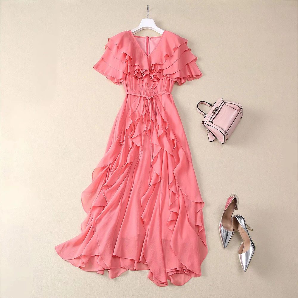 Color: Blue, Size: XL, Ships From: CHINA - SEQINYY Elegant Midi Dress Summer Spring New Fashion Design Women Runway Short Sleeve Ruffles Cascading High Street Casual