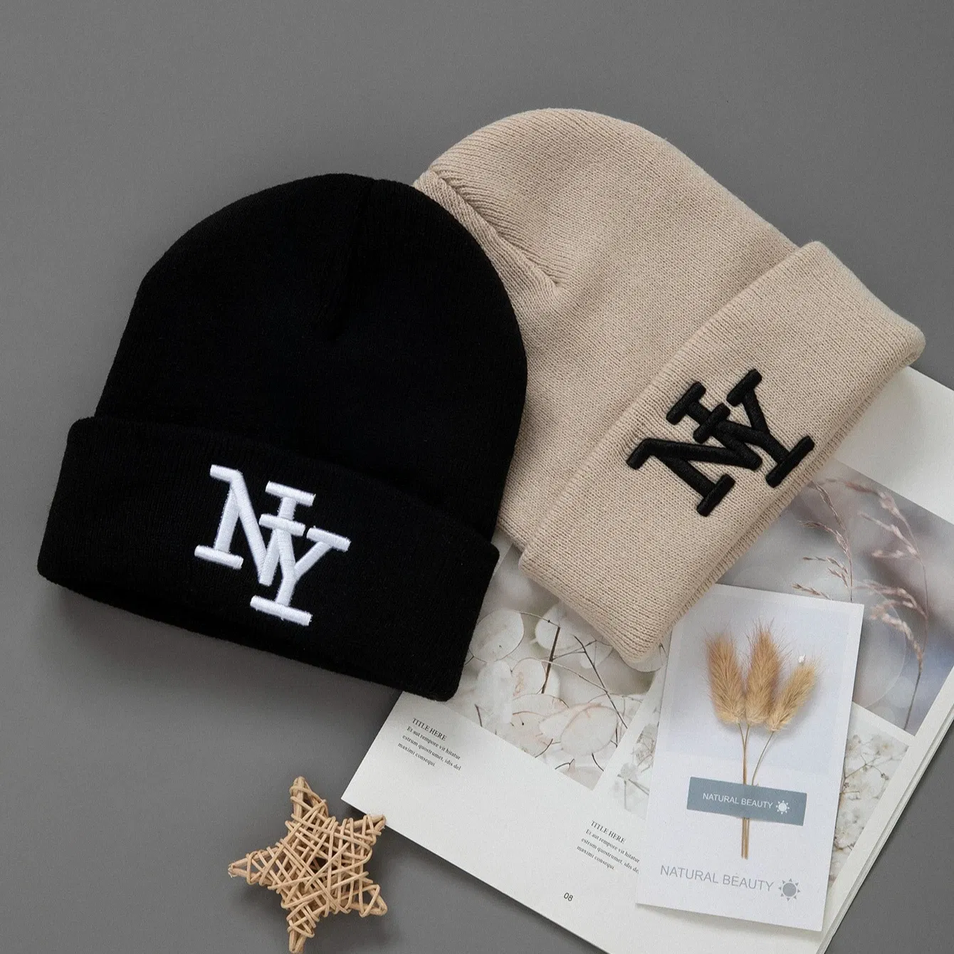 Color: Sealshell - 1/2/3pcs Unisex Winter Beanie Hats, Solid Color Knitted Warm Outdoor Caps with Embroidered NY Logo, Hand Washable, Black