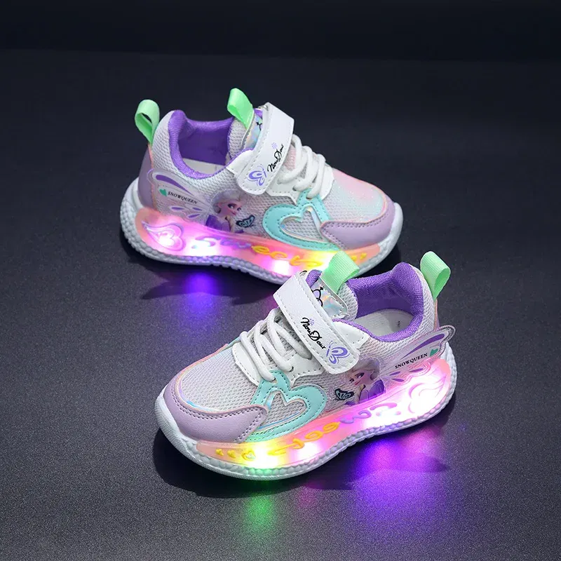 Color: PURPLE, Shoe Size: 19 - Disney Children Led Shoes Kids Girls Sneakers Frozen Elsa Princess Lighting Shoes Pink Purple Casual Sports Shoes Size 21-31