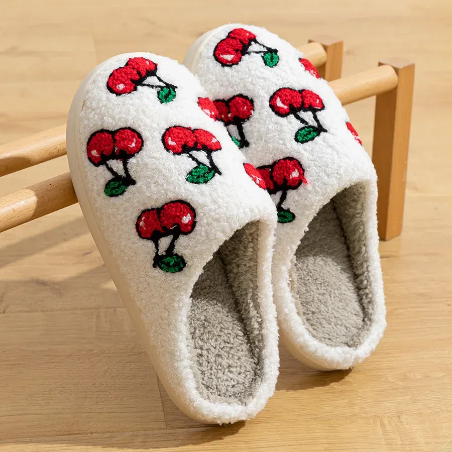 Color: WHITE, Shoe Size: 3.5 - Cute Avocado Women Slippers Winter Warm Indoor Fruit Cartoon Funny Soft Non-slip Slipper Cherry Strawberry Comfy Cotton Shoes