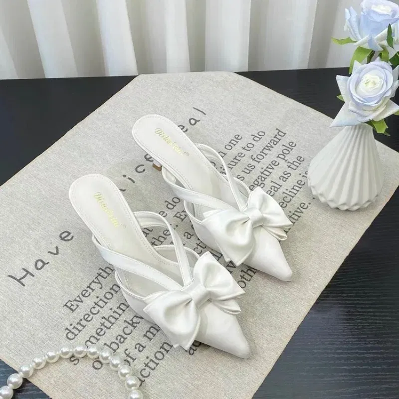 Color: Beige, Shoe Size: 36 - Fairy Style Pink Cool Slippers for Women's Summer 2024 French Pointed Bow Hollow High Heels, Half Wrapped Women's Slippers