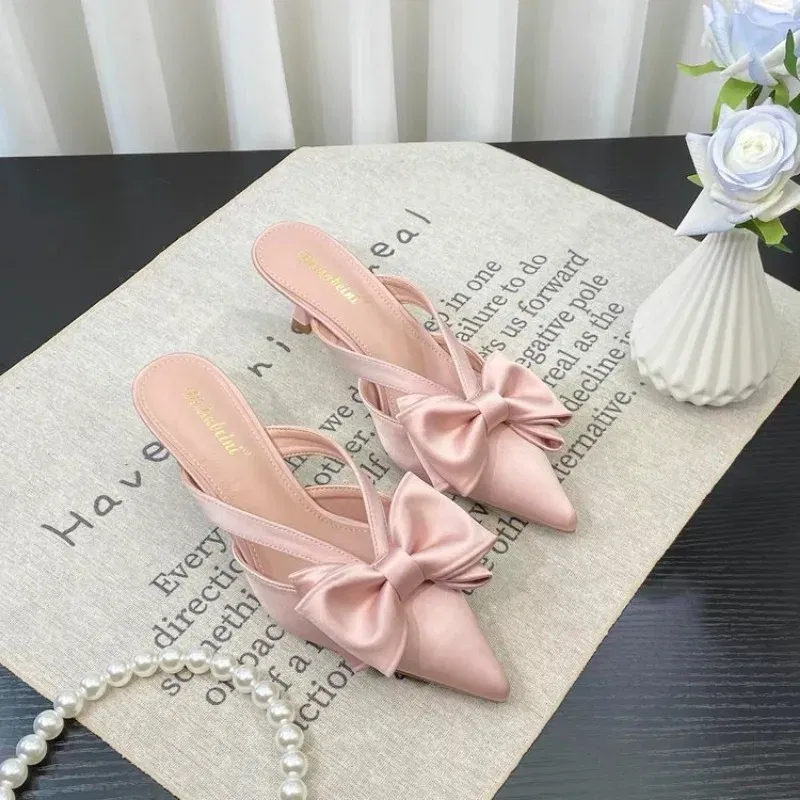 Color: Beige, Shoe Size: 36 - Fairy Style Pink Cool Slippers for Women's Summer 2024 French Pointed Bow Hollow High Heels, Half Wrapped Women's Slippers