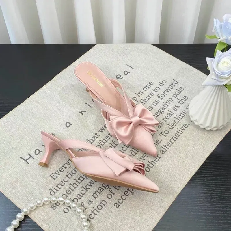 Color: Beige, Shoe Size: 36 - Fairy Style Pink Cool Slippers for Women's Summer 2024 French Pointed Bow Hollow High Heels, Half Wrapped Women's Slippers