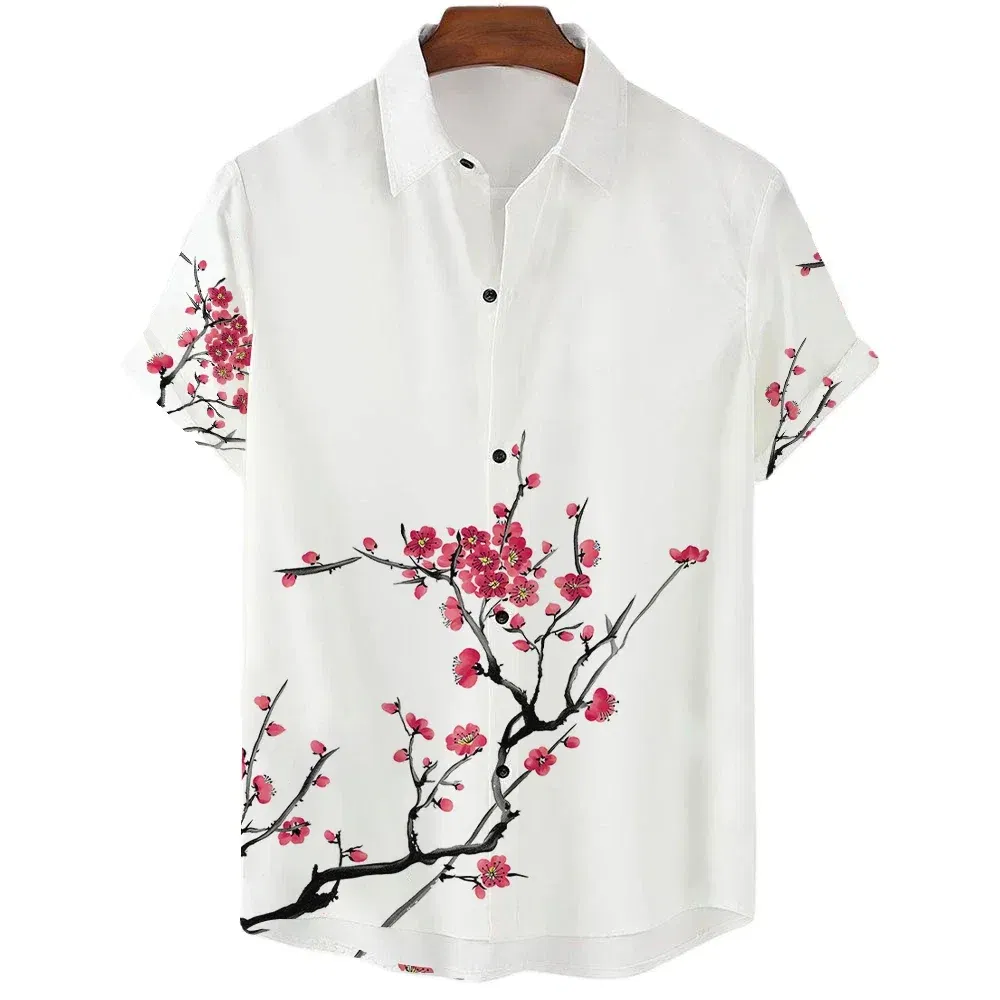 Color: Khaki, Size: L - Fashionable Luxury Social men's Shirt Lapel button-down Shirt Casual Japanese Aesthetic Cherry Blossom Print short-sleeved Tops