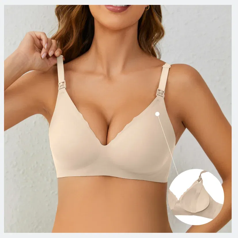Color: Beige, Bands Size: 32 - Front Open Nursing Bra Maternity Jelly Gel Laser Cutting Seamless Underwear Ultra Thin Breastfeeding Bra For Pregnant Women