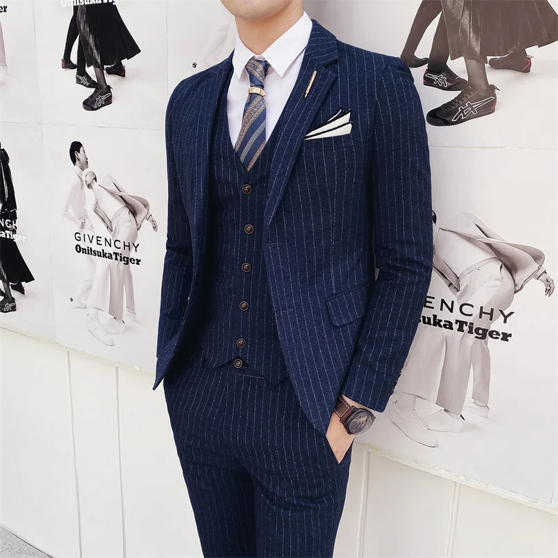 Color: WHITE, Size: XL - Gray Men Classic Striped/Checked Suits, Business Office 3 Piece, Asian Size Slim Fit Men Dress Jacket & Pants with Vest, S-4XL