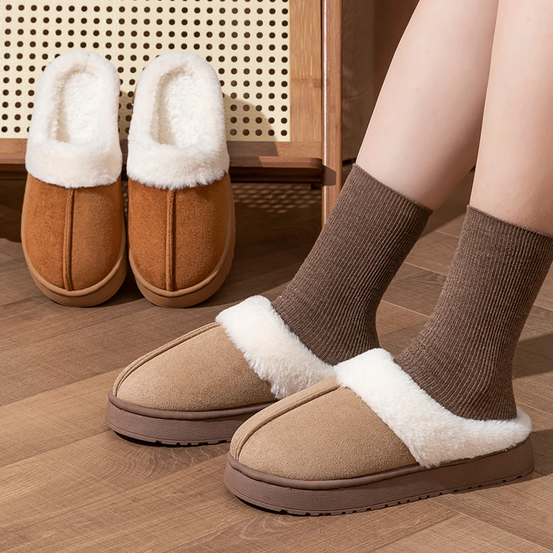 Color: GRAY, Shoe Size: 38-39 - New Fluffy Home Warm Slippers Women Soft Sole Bedroom Plush Lined Winter Shoes Woman Comfortable Non Slip Faux Fur Slippers 2024