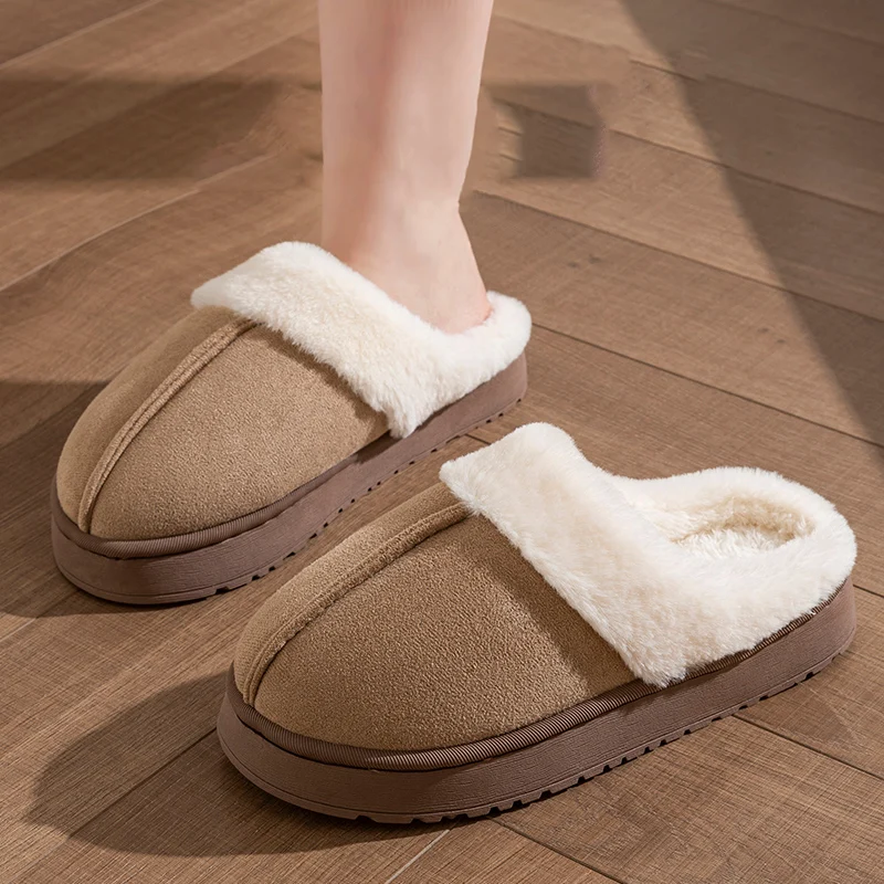 Color: GRAY, Shoe Size: 38-39 - New Fluffy Home Warm Slippers Women Soft Sole Bedroom Plush Lined Winter Shoes Woman Comfortable Non Slip Faux Fur Slippers 2024