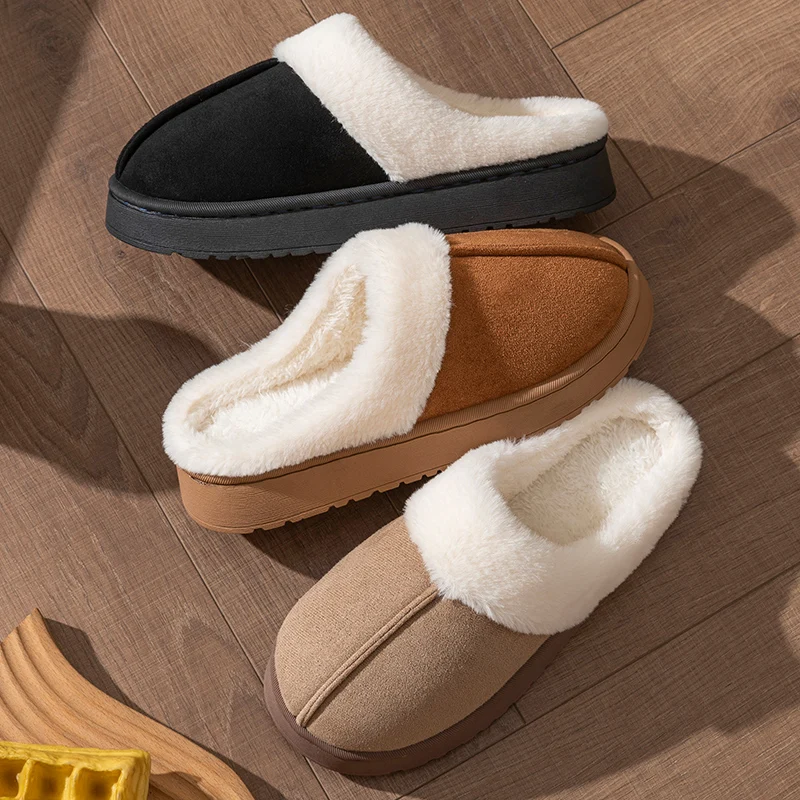 Color: GRAY, Shoe Size: 38-39 - New Fluffy Home Warm Slippers Women Soft Sole Bedroom Plush Lined Winter Shoes Woman Comfortable Non Slip Faux Fur Slippers 2024