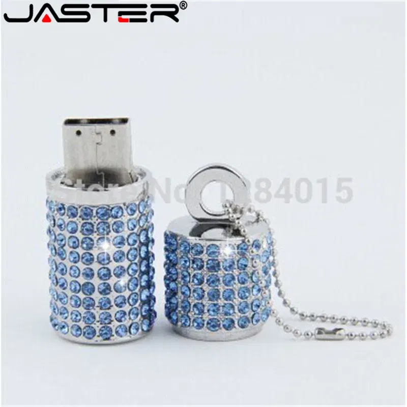 Color: Blue, Capacity: 32GB - JASTER Crystal cylindrical USB Flash Drive fashion metal diamond pen driveu disk pendrive 4GB 8GB 16GB 32GB 64GB memory stick