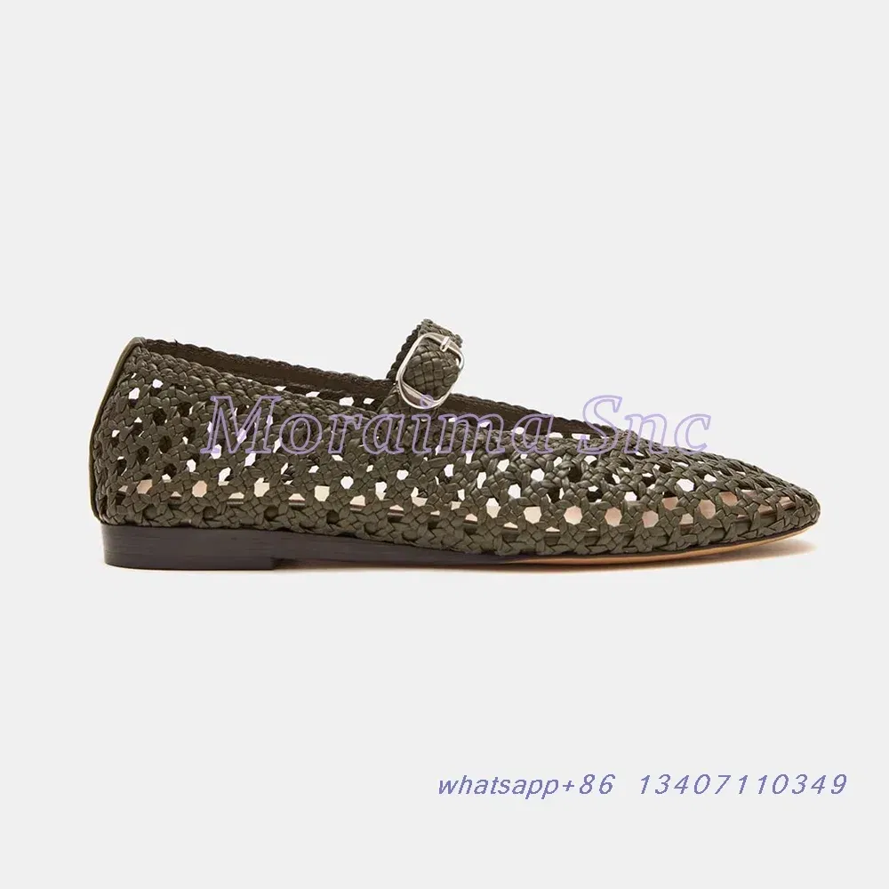 Color: army green, Shoe Size: 41 - Hollow Woven Leather Ballet Shoes Flat With Round Toe Ankle Buckle Strap Fashion Shallow Women Shoes Mary Janes Summer New 2025