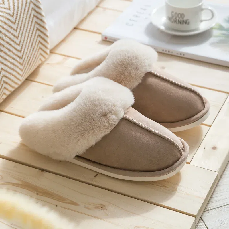 Color: Khaki, Shoe Size: 44 - Women's Faux Fur Slippers 2024 New Warm Thicked Plush Bedroom Sandals Woman Comfort Soft Sole Home Couple Winter Shoes Slides