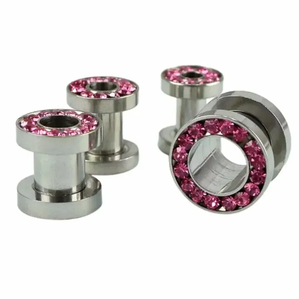 Metal color: Light Yellow Color, Main Stone Color: Silver - 2pc Steel Multicolour Crystal Ear Plug Flesh Tunnel 8g ( 3mm ) - 1" ( 25mm ) Gauge Expander Stretcher Screw Fit