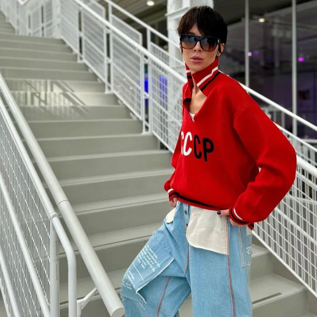 Color: WHITE, Size: S - JHJN Autumn V-Neck Sweater Women Patchwork Letter Streety Tops Loose Casual Pullovers Long-Sleeved Knitted Shirts Women Sweater