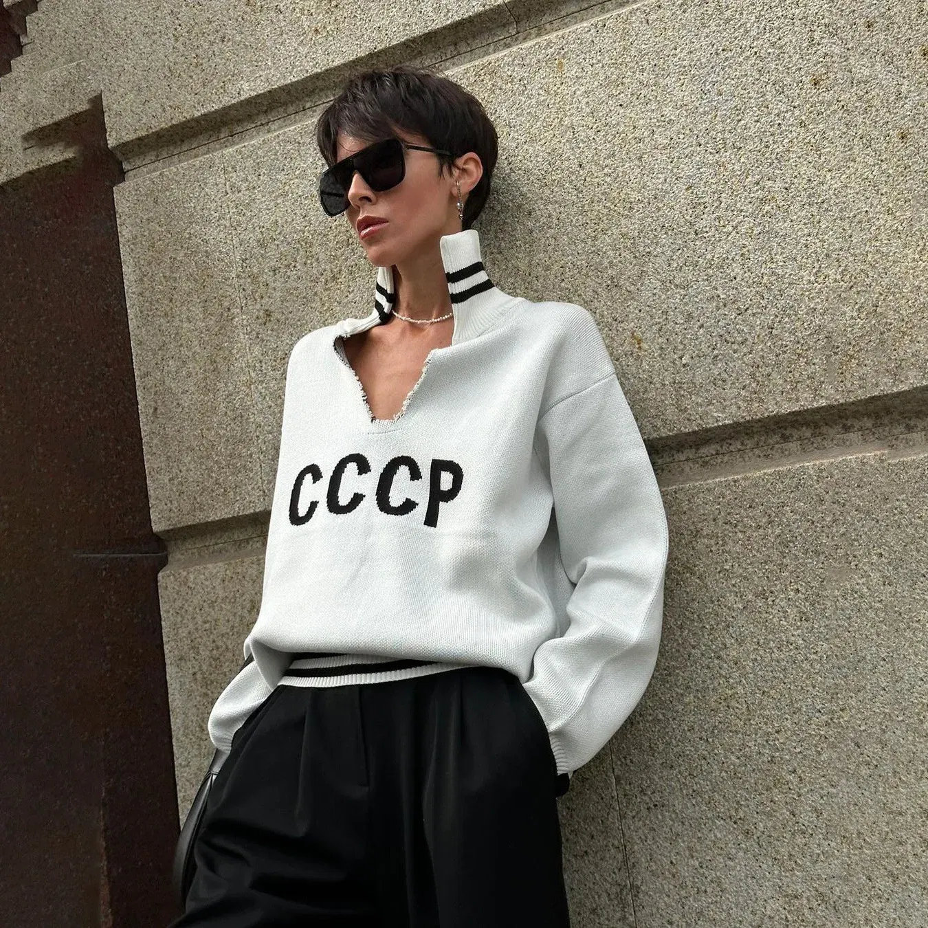 Color: WHITE, Size: S - JHJN Autumn V-Neck Sweater Women Patchwork Letter Streety Tops Loose Casual Pullovers Long-Sleeved Knitted Shirts Women Sweater