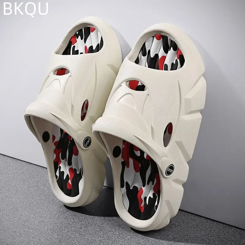 Color: Beige, Shoe Size: 44 - Men's Beach Slippers Round Toe Lightweight Flat Bottom Waterproof Comfortable Trend Versatile Breathable Non-slip Large Size