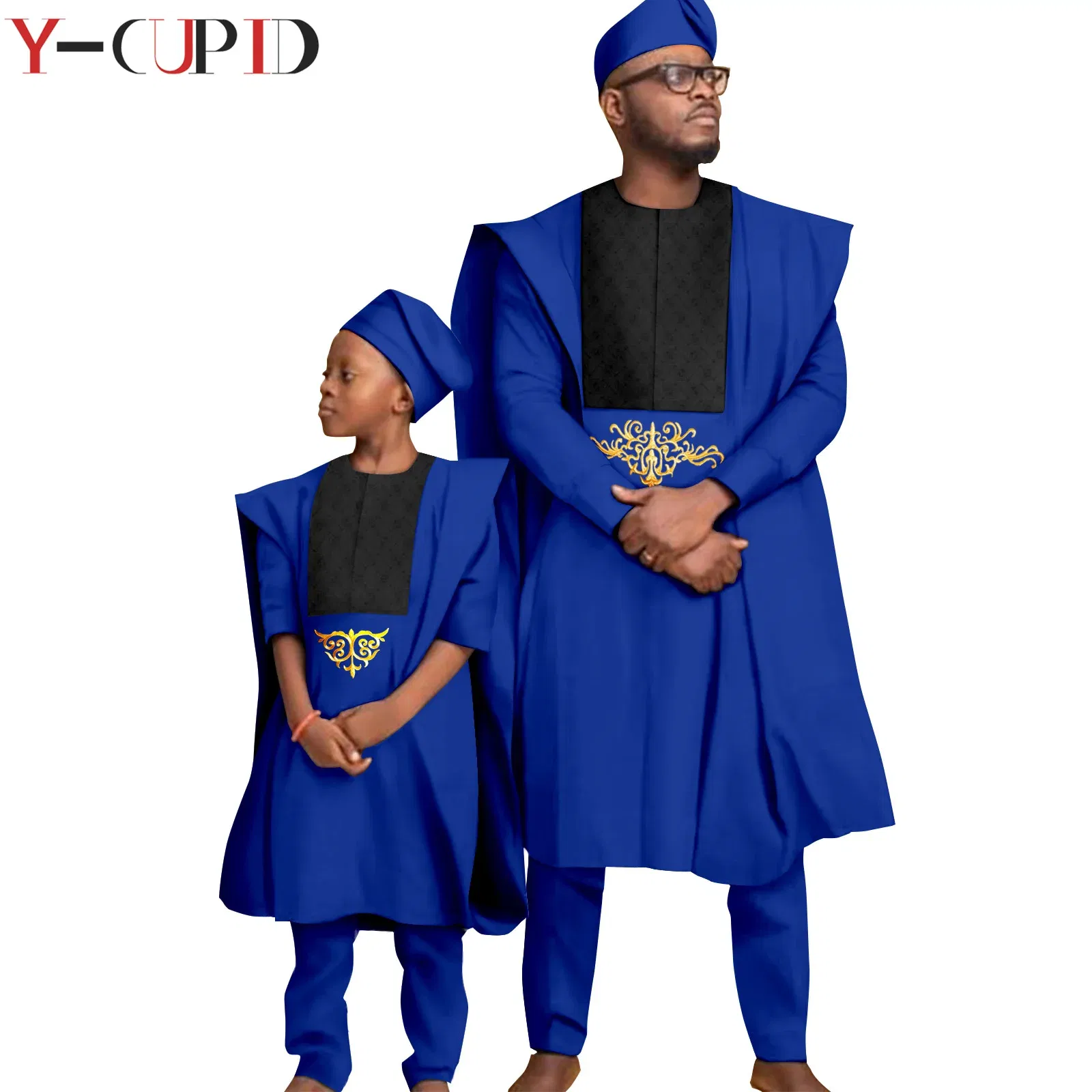 Color: Clear, Size: M - African Clothes for Men Top Pants Robes Hat Sets Match Kid Boy Sets Dashiki Father and Son Bazin Riche Family Outfits Y20F001