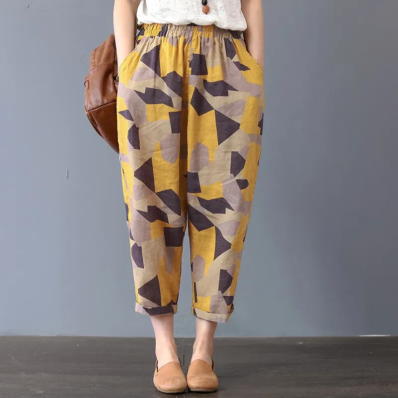 Color: SKY BLUE, Size: XXXL - Cotton and Linen Pants for Women Summer Printing Harem Pants Female Mother Loose Retro Fashion Women's Ankle Length Pants