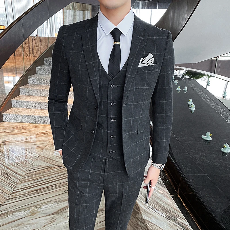 Color: Dark Grey, Size: S - Gray Men Classic Striped/Checked Suits, Business Office 3 Piece, Asian Size Slim Fit Men Dress Jacket & Pants with Vest, S-4XL