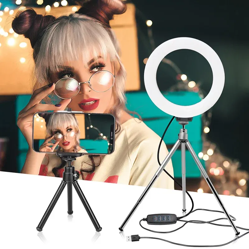 Color: Navy Blue, Ships From: CHINA - 6inch Mini LED Desktop Video Ring Light Selfie Lamp With Tripod Stand USB Plug Table Lamp For Make TikTok Youtube Makeup Video