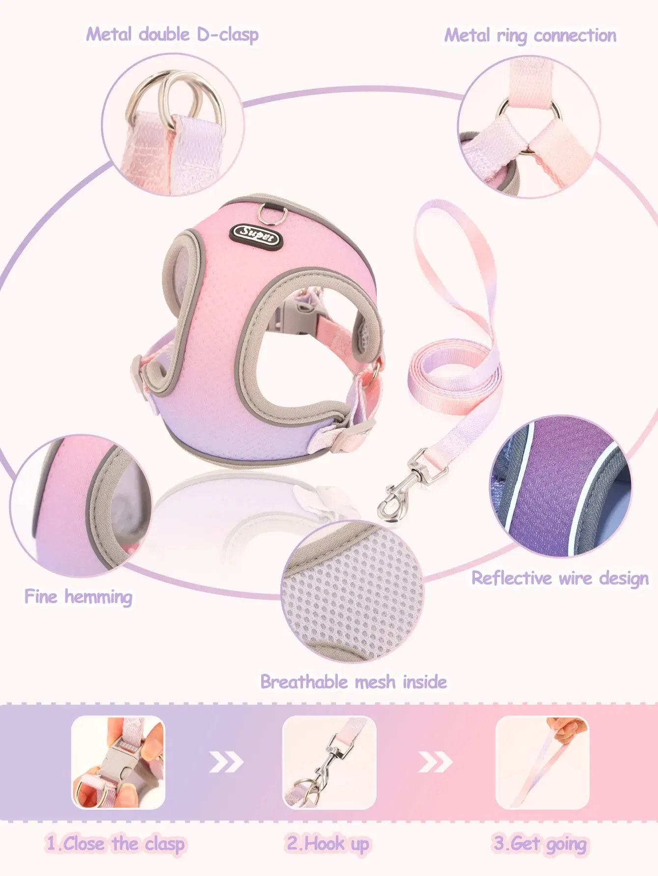 Size: L, Color: Pink - Supet Pet Step-in Dog Harness, Adjustable Reflective Soft Dog Harness, Breathable Dog Vest Harness for Cats Puppy