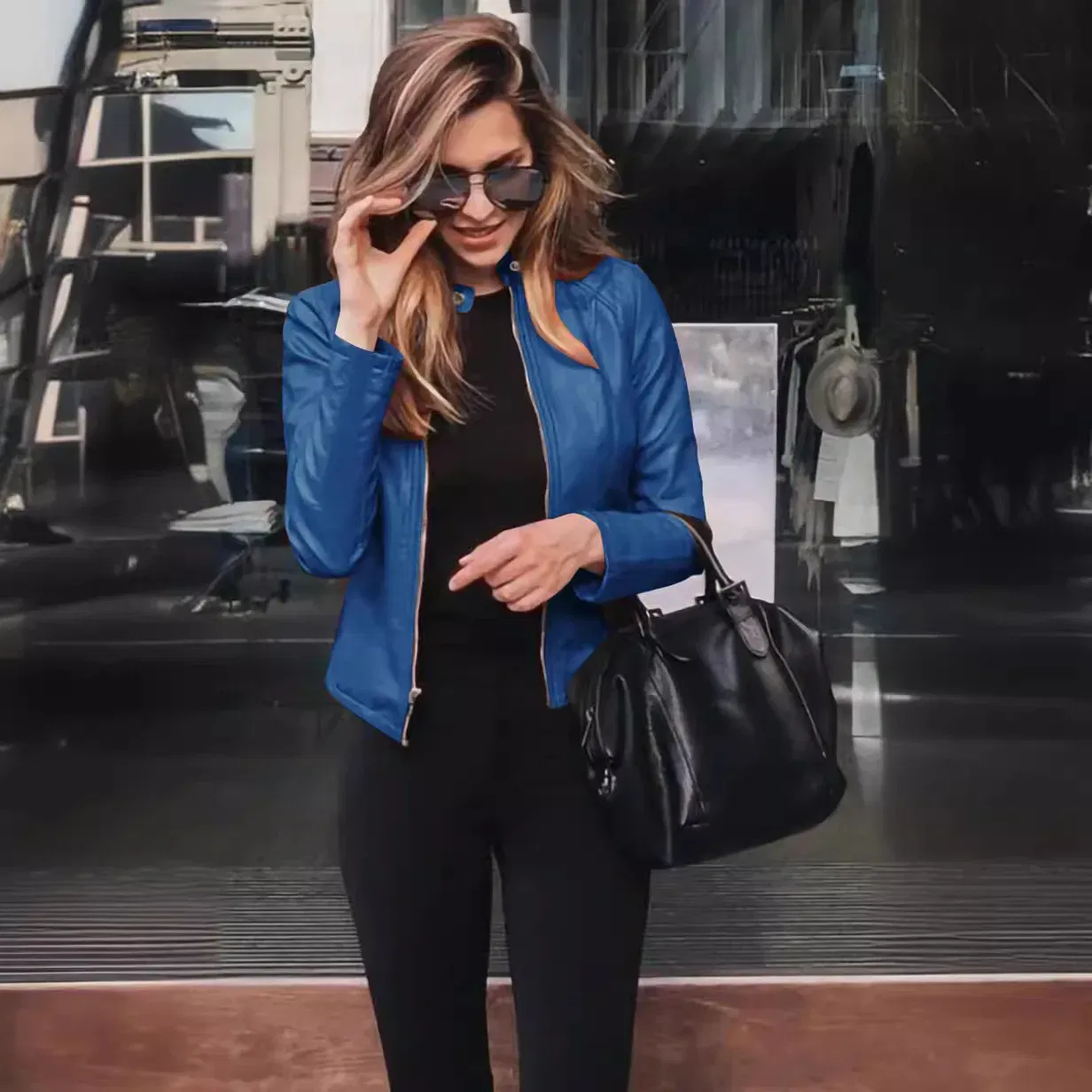 Color: Navy Blue, Size: M - Womens Spring Full Long Sleeve Jacket Coat Autumn Leather Blazer Winter Zipper Outwear Suit Cardigan Female Jackets
