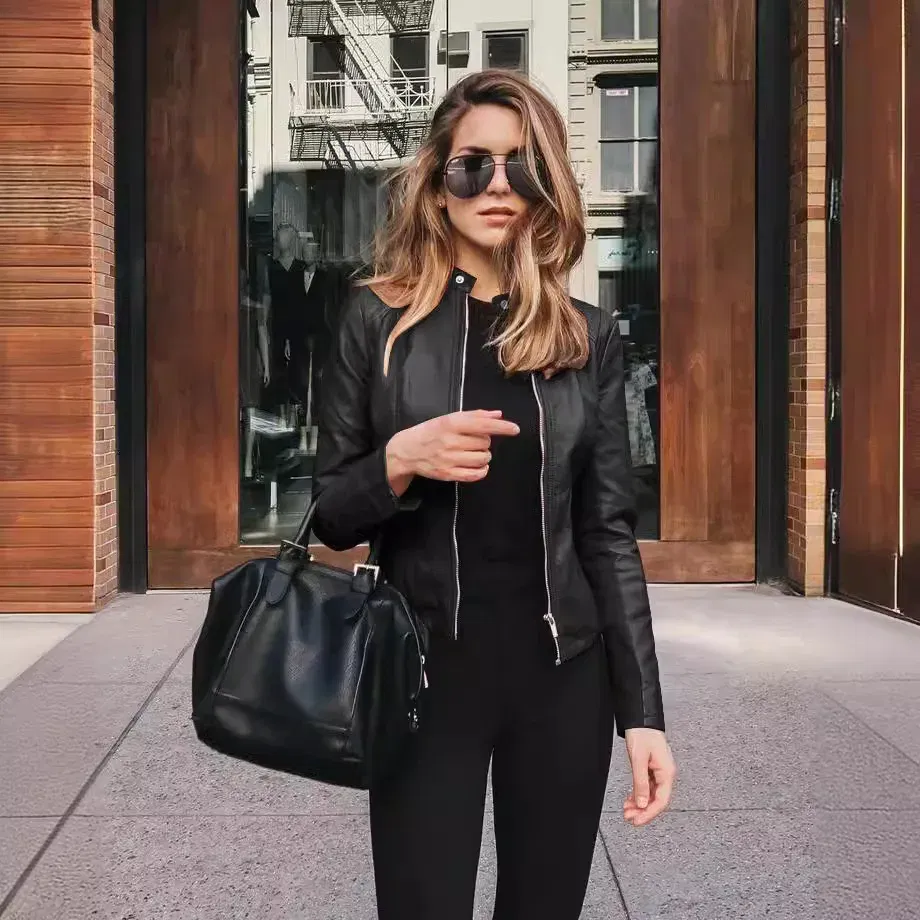 Color: Navy Blue, Size: M - Womens Spring Full Long Sleeve Jacket Coat Autumn Leather Blazer Winter Zipper Outwear Suit Cardigan Female Jackets