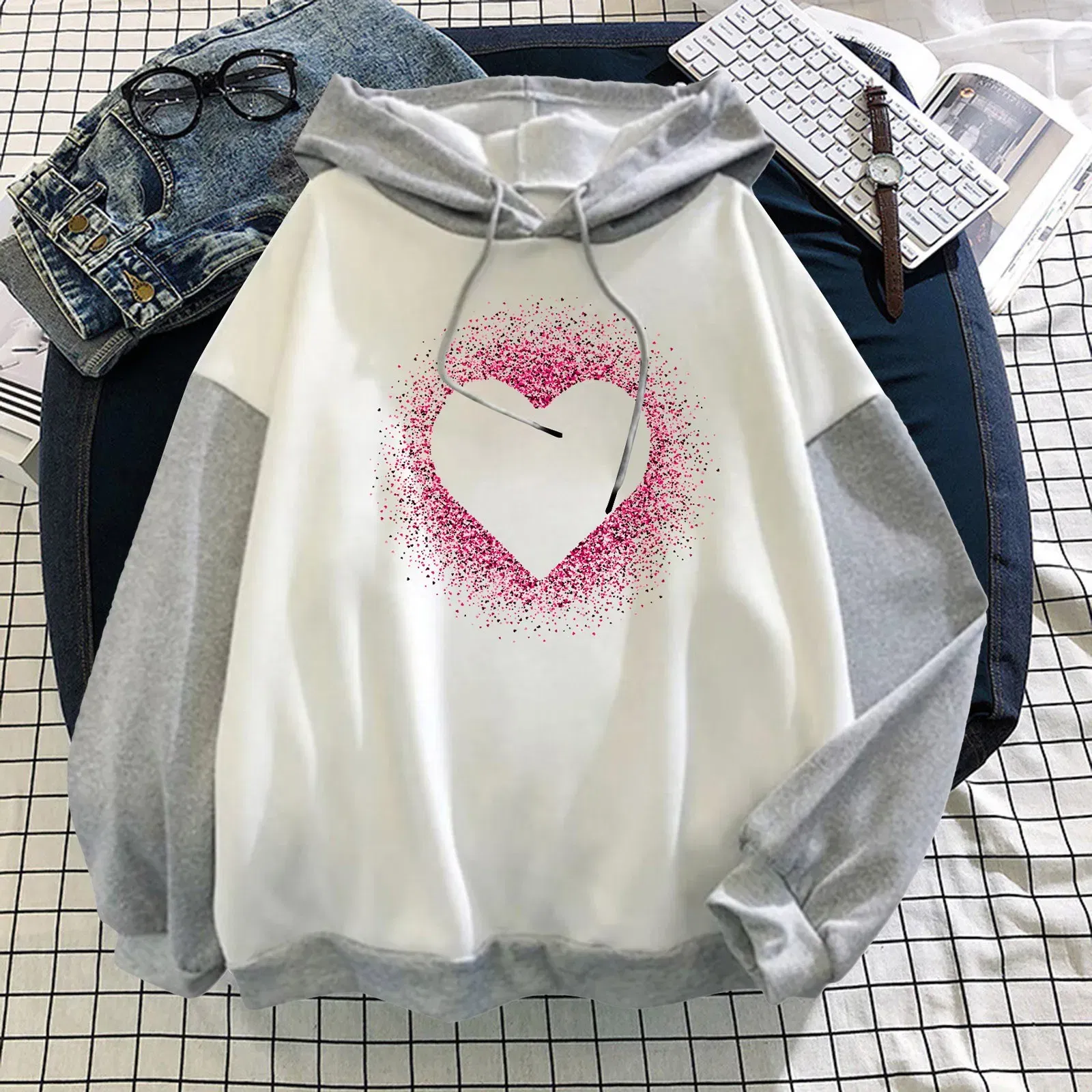 Color: Light Blue, Size: XXL, Ships From: france - Women Casual Long Sleeve Sweatshirt Love Print Drawstring Pullover Hoodie Color Block Tops Pullover Casual Top