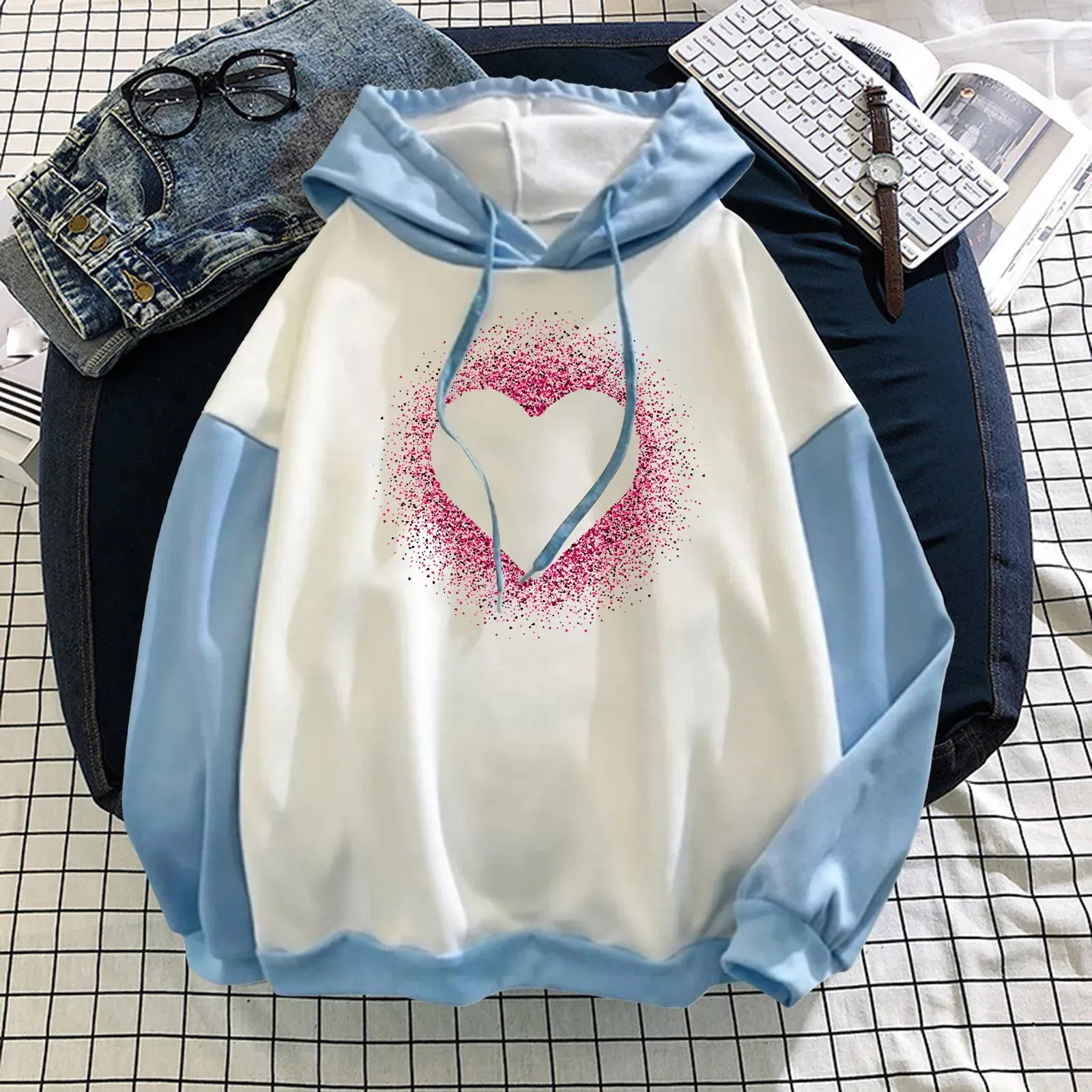 Color: Light Blue, Size: XXL, Ships From: france - Women Casual Long Sleeve Sweatshirt Love Print Drawstring Pullover Hoodie Color Block Tops Pullover Casual Top