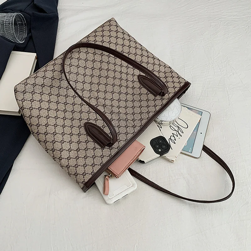 Color: Khaki - Fashion Women's Tote Bag Large Capacity Textile Printed Shoulder Bag,Lightweight&Durable with Smooth Zipper for Travel/Daily Use