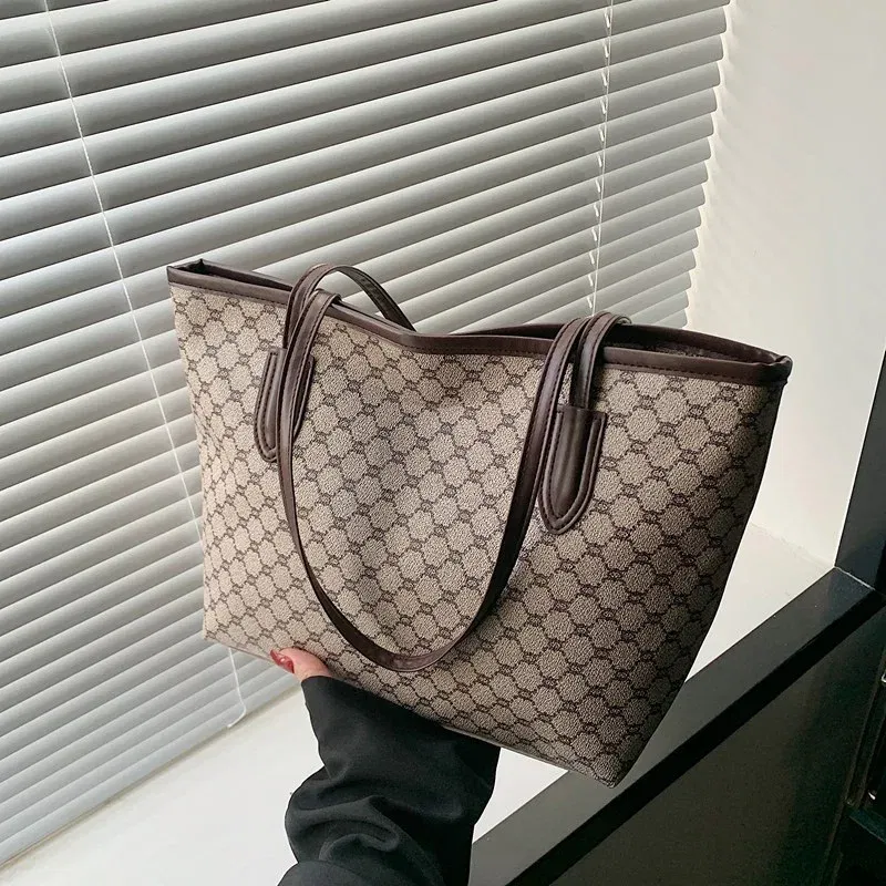 Color: Khaki - Fashion Women's Tote Bag Large Capacity Textile Printed Shoulder Bag,Lightweight&Durable with Smooth Zipper for Travel/Daily Use